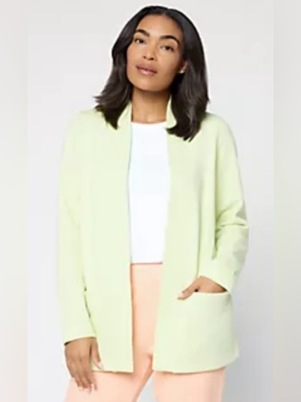 Susan Graver Cloud Soft Fleece Cardigan Open Jacket Soft Lime Front Pockets XS